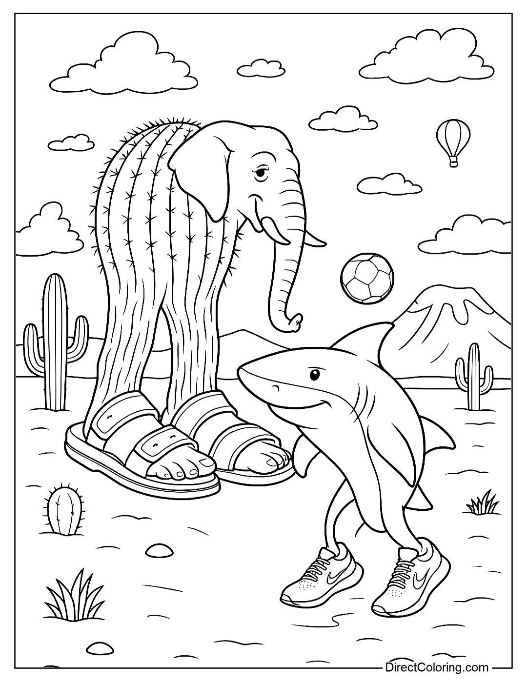 Coloring Page of Lirilì Larilà standing next to Tralalero Tralala in the middle of a magical desert